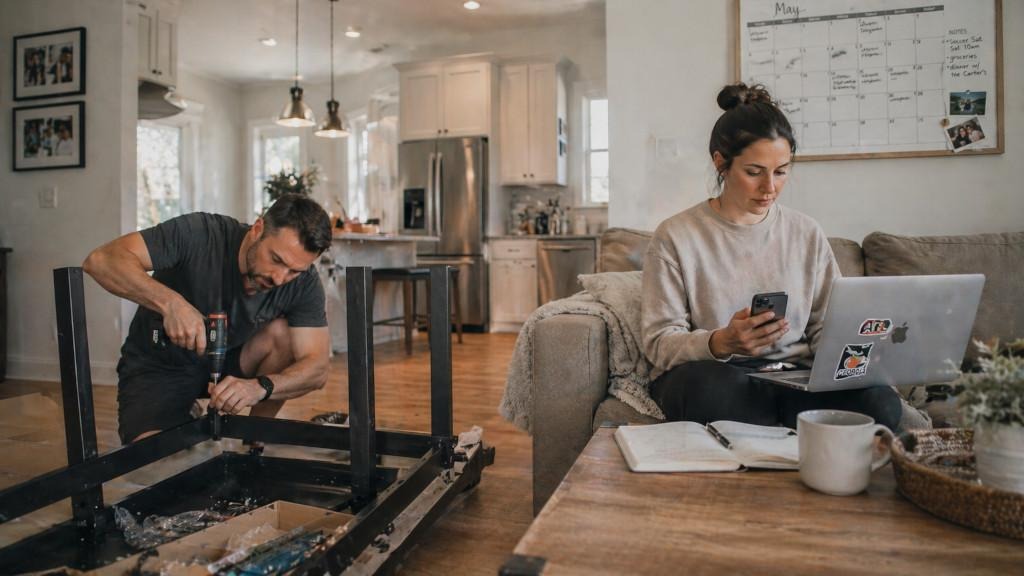 Couple at home in Alpharetta, GA, one partner doing a hands-on task while the other manages schedules on a laptop, showing visible and invisible labor